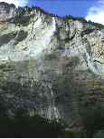 A windswept Staubach Falls, above Lauterbrunnen.